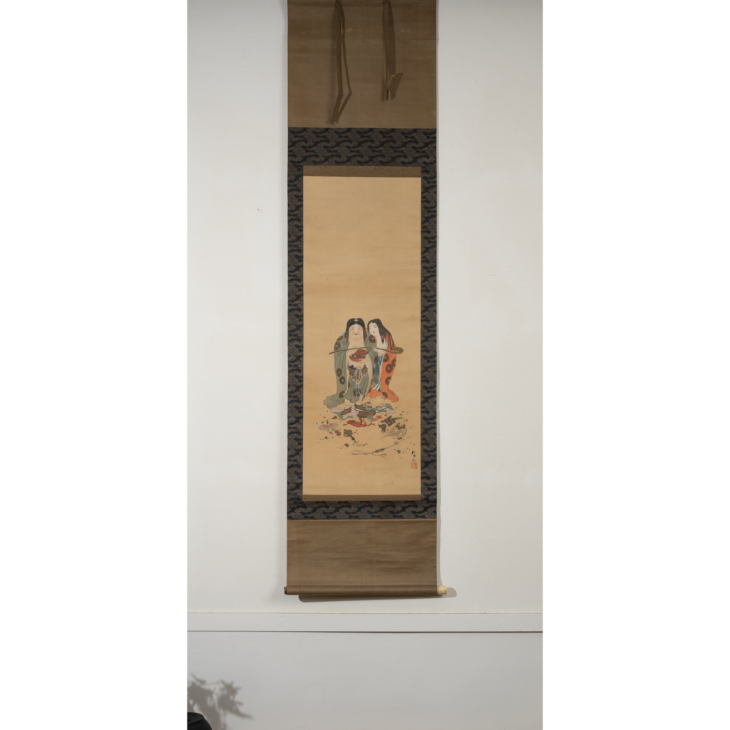 掛軸 岡田露友『寿老人に鹿』日本画 絹本 肉筆 共箱付 掛け軸 p022110 掛軸 千春『鶴之図』日本画 絹本 肉筆 共箱付 掛け軸 p083113